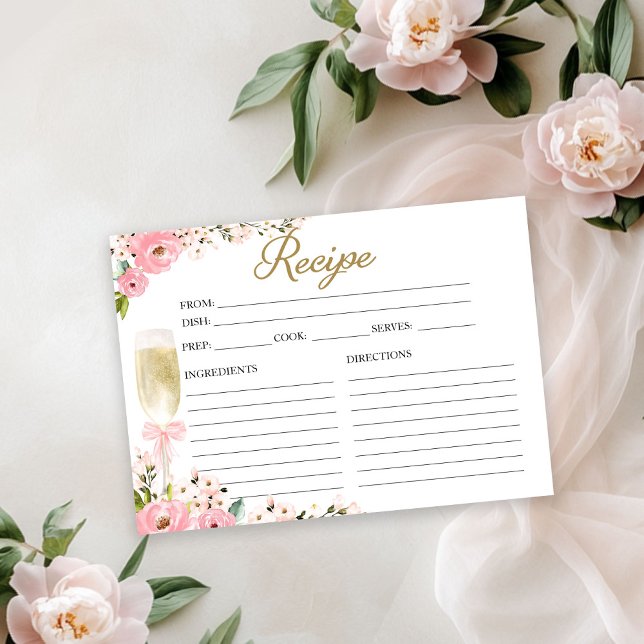 Pink Floral Champagne Bridal Shower Recipe Card (Creator Uploaded)