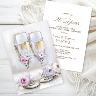 Pink Floral Champagne Glasses 20th Anniversary Invitation