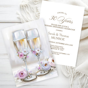 Pink Floral Champagne Glasses 30th Anniversary Invitation
