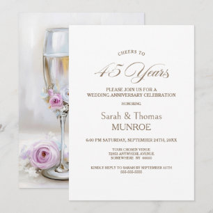 Pink Floral Champagne Glasses 45th Anniversary Invitation