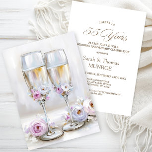 Pink Floral Champagne Glasses 55th Anniversary Invitation