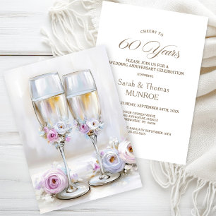 Pink Floral Champagne Glasses 60th Anniversary Invitation