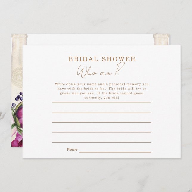 Pink Floral Champagne Who Am I Bridal Shower Game Invitation (Front/Back)