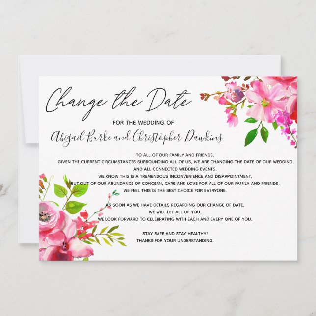 Pink Floral Change or Delay the Date Invitation (Front)