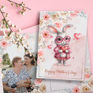 Pink Floral Charm & Love Bunny Photo Mother's Day Card