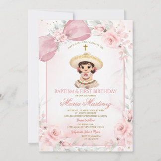 Pink Floral Charra Girl Baptism & First Birthday Invitation