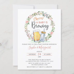 Pink Floral Cheers A Baby Is Brewing Baby Shower Invitation