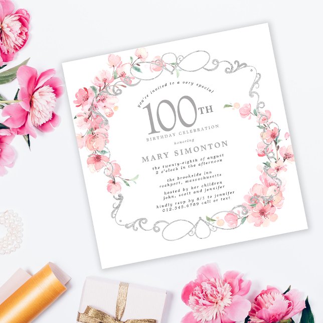 Pink Floral Cherry Blossom 100th Birthday Party Invitation (Creator Uploaded)