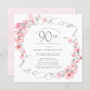 Pink Floral Cherry Blossom 90th Birthday Party Invitation