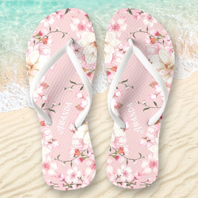 Pink Floral Cherry Blossom Sakura Flowers Name Thongs (Pink Floral Cherry Blossom Sakura Flowers Name Flip Flops)
