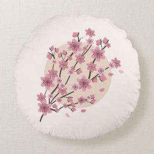 Pink Floral Cherry  Blossom Tree Petals      Round Cushion