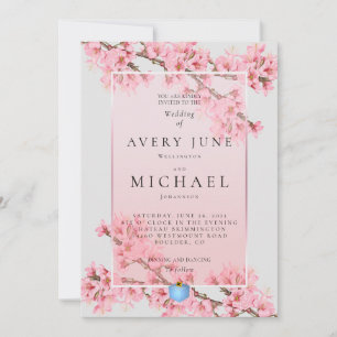 Pink floral cherry blossom wedding invitation