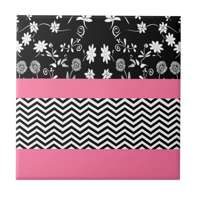 pink floral chevron ceramic tile (Front)