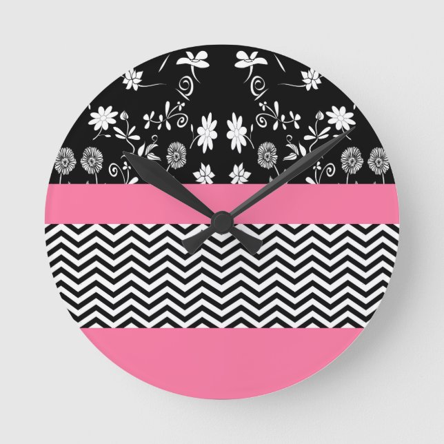 pink floral chevron round clock (Front)