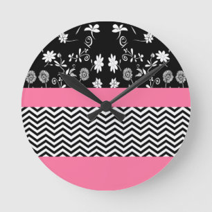 pink floral chevron round clock