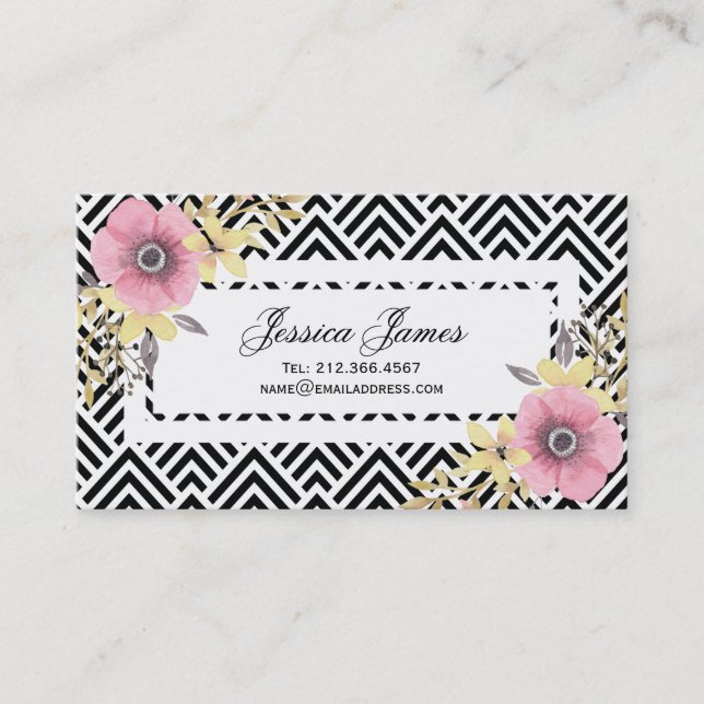 Pink Floral Chevron Spring Blossoms Business Card (Front)