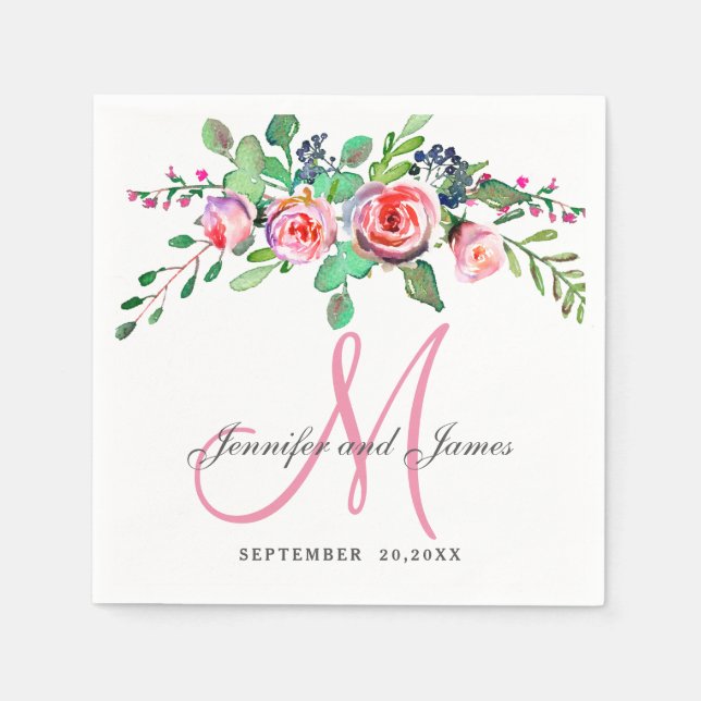 Pink Floral Chic Elegant Names Monogram Wedding Napkin (Front)