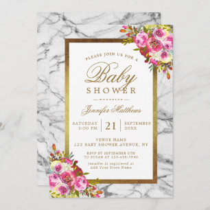 Pink Floral Chic Gold Black Marble Baby Shower Invitation