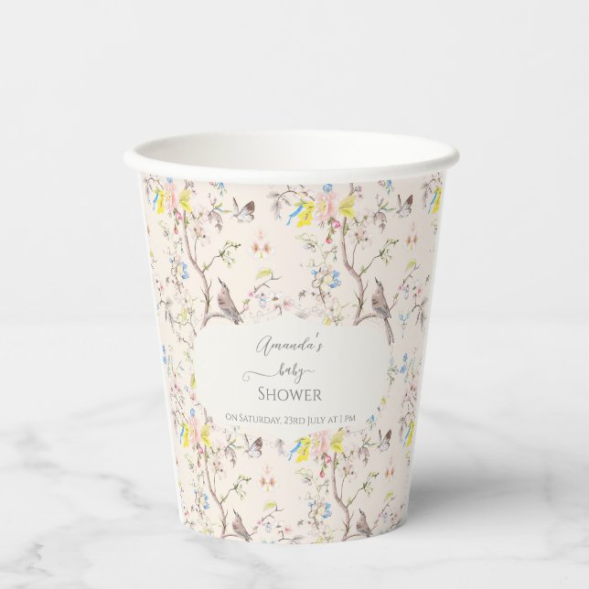Pink Floral Chinoiserie Baby Shower Paper Cups (Front)