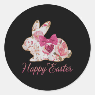 Pink Floral Chinoiserie Bunny Happy Easter Day Gir Classic Round Sticker