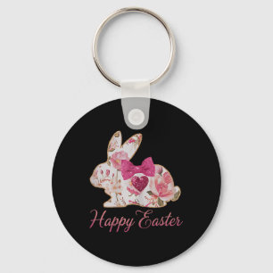 Pink Floral Chinoiserie Bunny Happy Easter Day Gir Key Ring