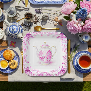 Pink Floral Chinoiserie Teapot WIllow pagoda Paper Plate