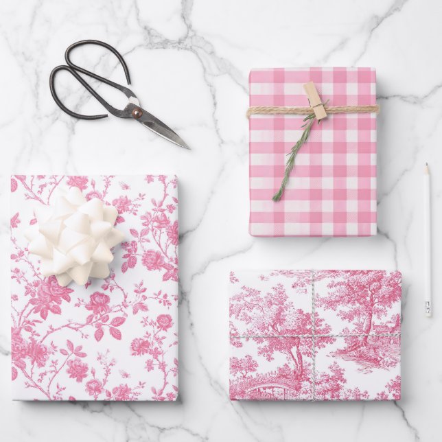 Pink Floral Chinoiserie Toile Wrapping Paper Sheet (Front)