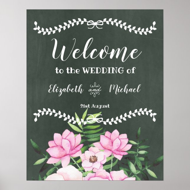 Pink Floral Chlakboard Custom Wedding Sign Budget (Front)