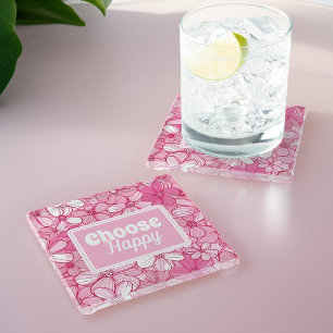 Pink Floral Choose Happy  Glass Coaster