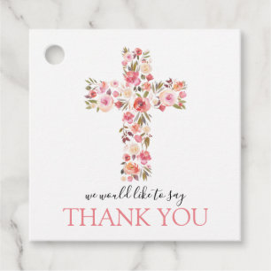 Pink Floral Christening Cross Communion Baptism Favour Tags