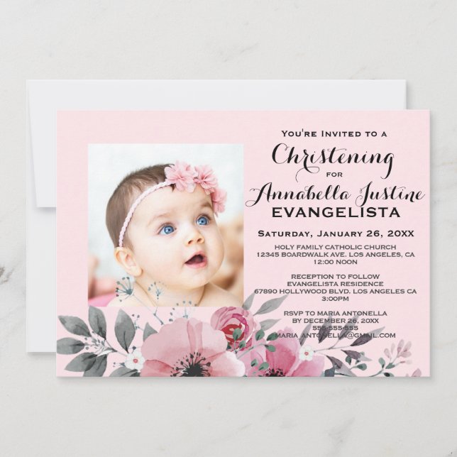 Pink Floral CHRISTENING Elegant Event Invitation (Front)