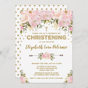 Pink Floral Christening Invitation Pastel Baptism