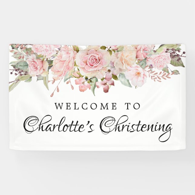 Pink Floral Christening Welcome Banner Template (Horizontal)