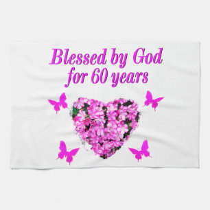 PINK FLORAL CHRISTIAN 60TH BIRTHDAY DESIGN TEA TOWEL