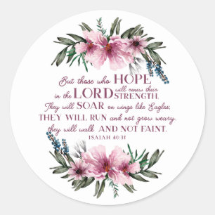 Pink Floral Christian Bible Verse Isaiah 40 Classic Round Sticker