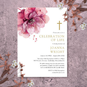 Pink Floral Christian Celebration Of Life Funeral Invitation