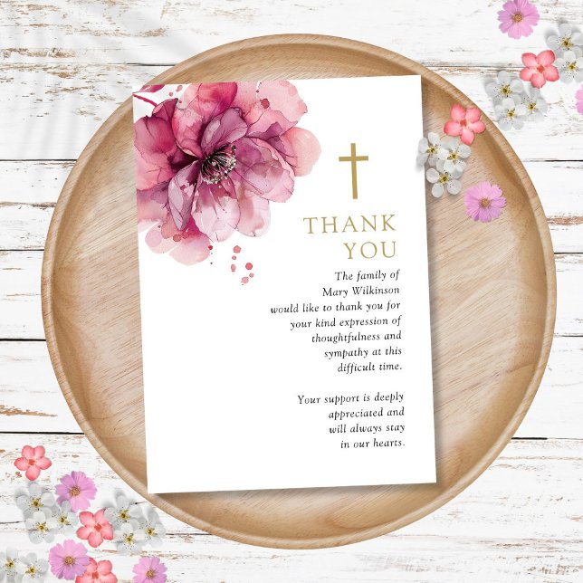 Pink Floral Christian Celebration Of Life Funeral Thank You Card (Pink Floral Christian Celebration Of Life Funeral Thank You Card)
