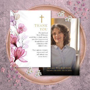 Pink Floral Christian Celebration Of Life Photo Thank You Card