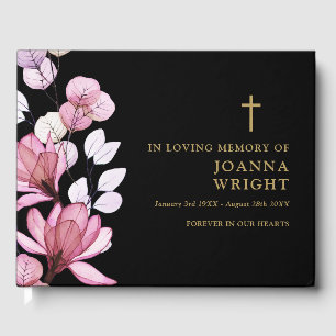 Pink Floral Christian In Loving Memory Funeral Guest Book