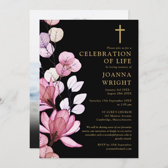 Pink Floral Christian Memorial Funeral Photo Invitation (Front/Back)