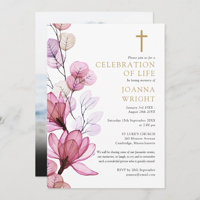 Pink Floral Christian Memorial Funeral Photo Invitation (Front/Back)