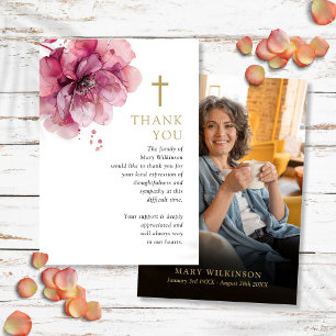 Pink Floral Christian Memorial Funeral Photo Thank You Card