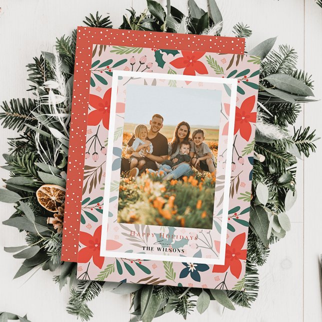 Pink Floral Christmas Holiday Photo Card (Creator Uploaded)