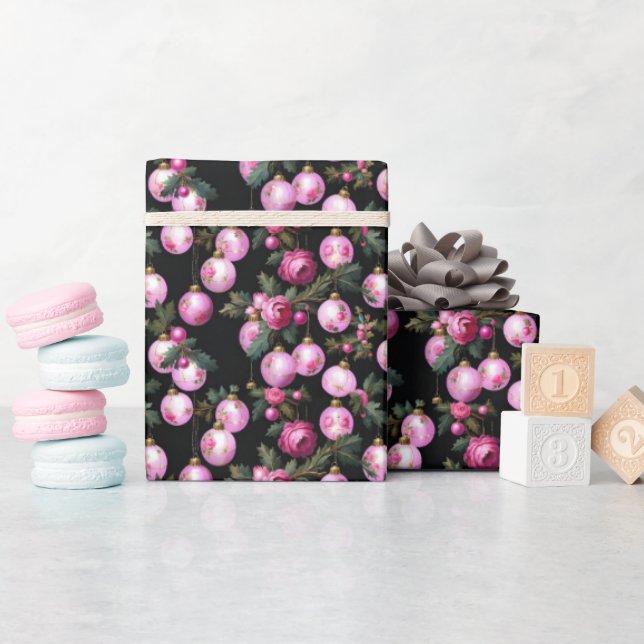 Pink Floral Christmas Ornaments & Camellias Black Wrapping Paper (Baby Shower)
