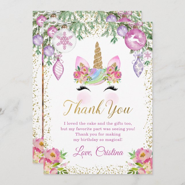 Pink Floral Christmas Unicorn Photo Thank You Card (Front/Back)