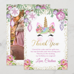 Pink Floral Christmas Unicorn Photo Thank You Card