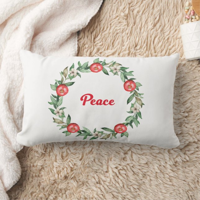 Pink Floral Christmas Wreath Lumbar Pillow | Peace (Blanket)