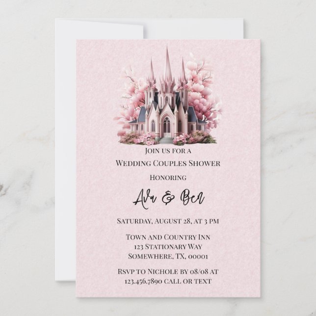 Pink Floral Church Painted Wedding Couples Shower Invitation (Front)
