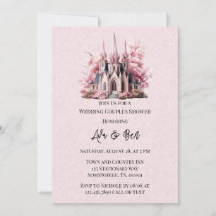 Pink Floral Church Painted Wedding Couples Shower Invitation