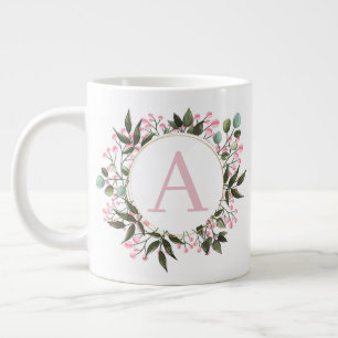 Pink Floral Circle Frame Monogram Editable Initial Large Coffee Mug